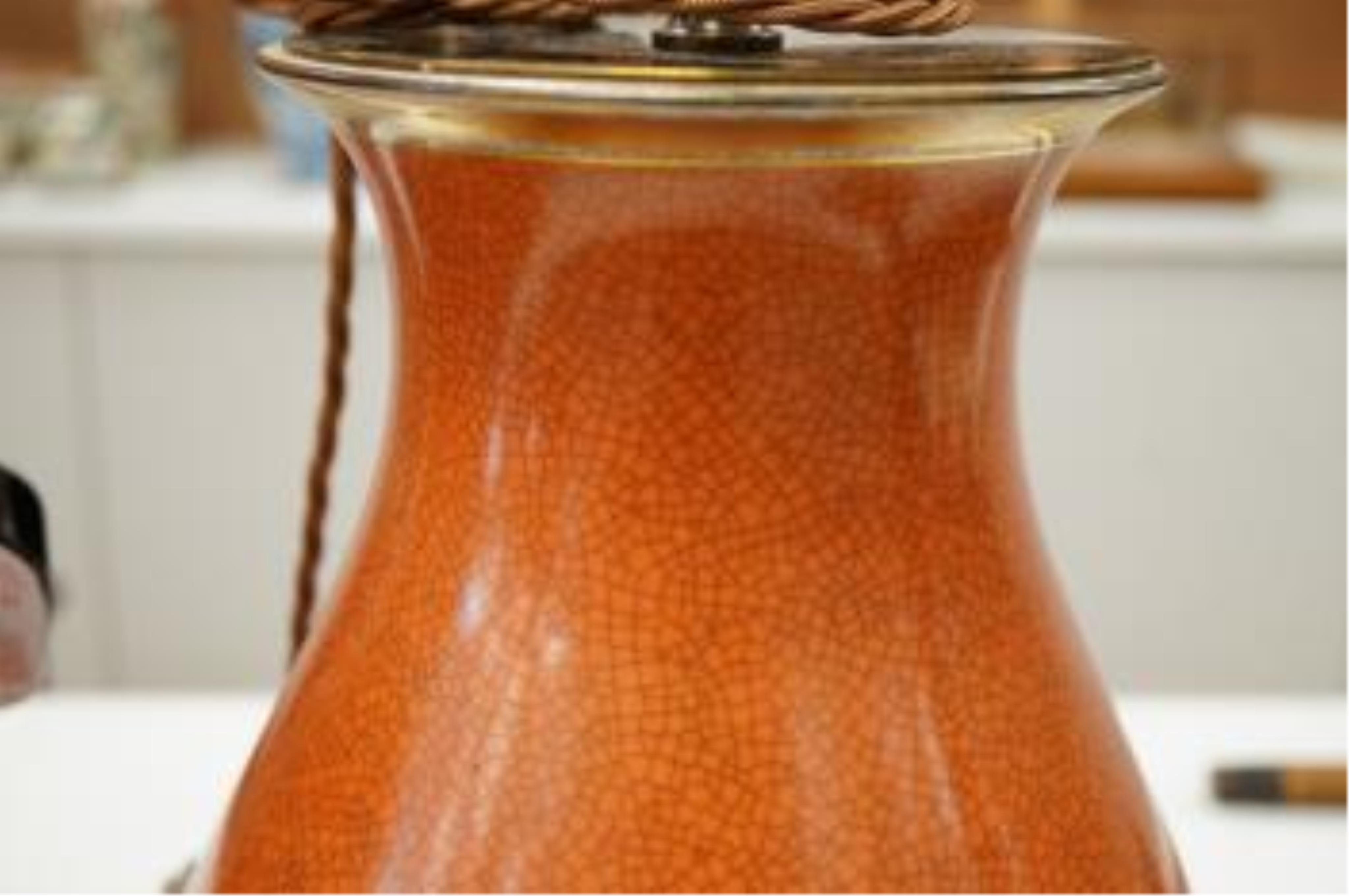 A pair of Royal Copenhagen coral crackle glaze vases adapted as lamps, overall 41cm high